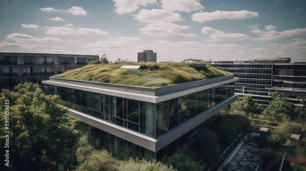 Poster a building with a green roof and a green roof on it's side with trees and buildings in the backgroun