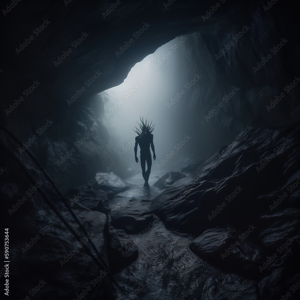 Poster a man in a cave with a weird hairdow walking towards the light at the end of the tunnel, with a dark