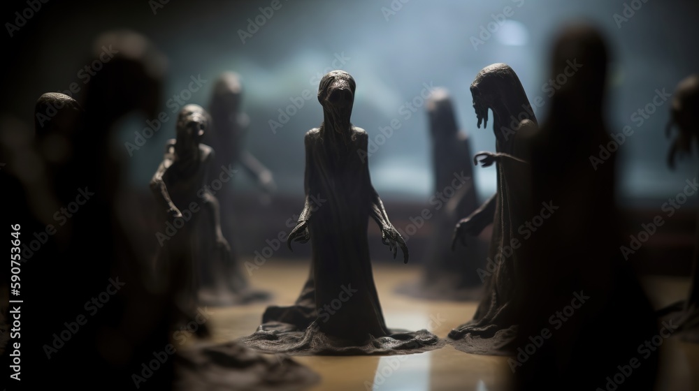 Poster a group of people standing in a dark room with a light shining on them and one person standing in th