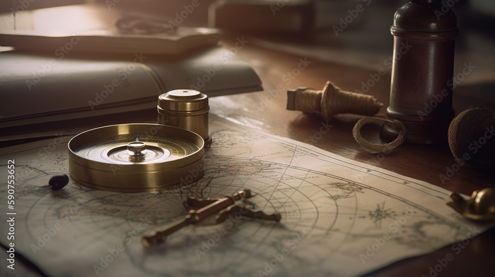 Poster a map with a compass, keys, and a bottle of wine on it next to a corkscrew and a bottle of wine. gen