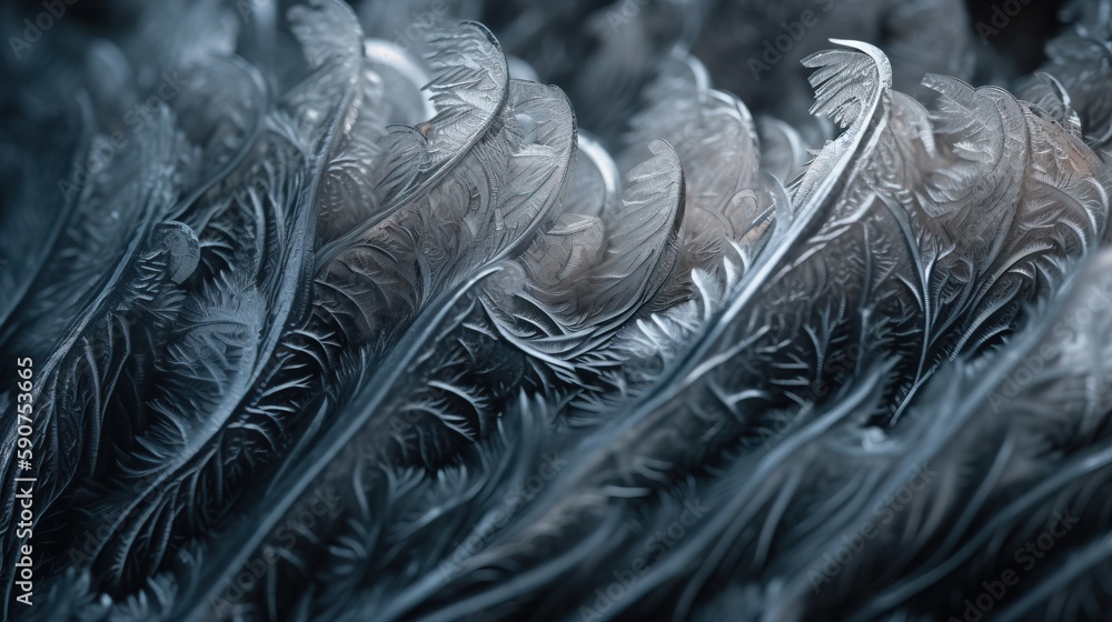 Poster  a close up of a bunch of feathers on a black background with a blurry image of the feathers and the feathers of the feathers.  generative ai