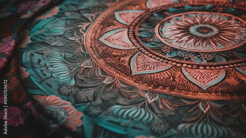 Poster a close up of a colorful plate with a circular design on the surface of the plate, with a circular d