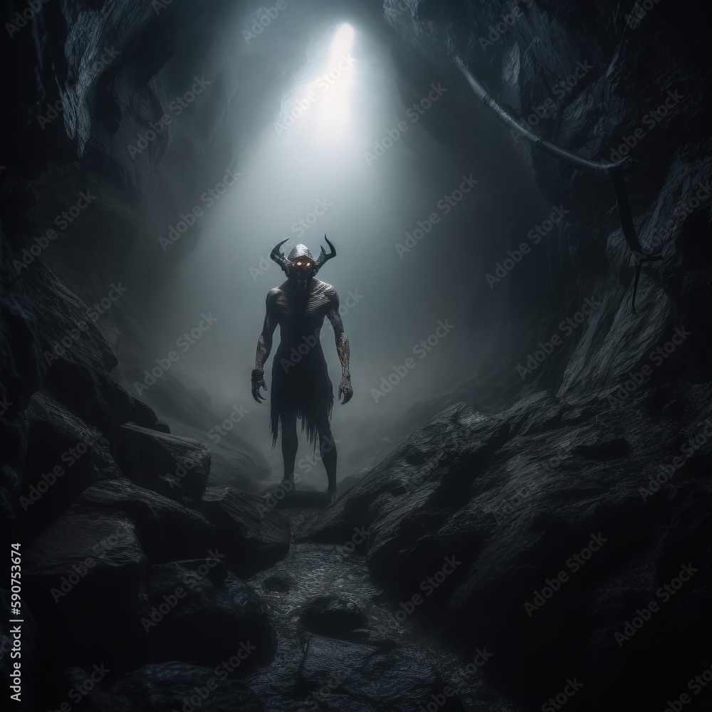 Poster a man in a cave with horns on his head standing in the middle of a cave with a light coming from the
