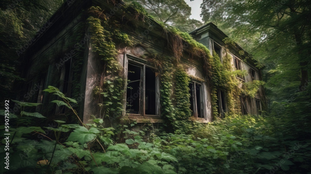 Poster an old abandoned house covered in vines and ivys in a forest of trees and bushes, with a window part