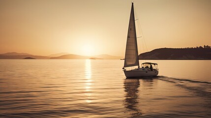 Naklejka na ściany i meble a sailboat sailing on a body of water at sunset with mountains in the background and a person on a boat in the foreground. generative ai