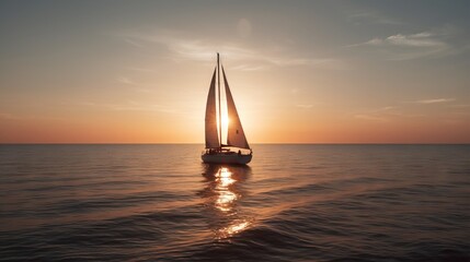 Obraz na płótnie Canvas a sailboat is sailing in the ocean at sunset or sunrise or sunset on the water, with the sun reflecting off of the sailboat. generative ai