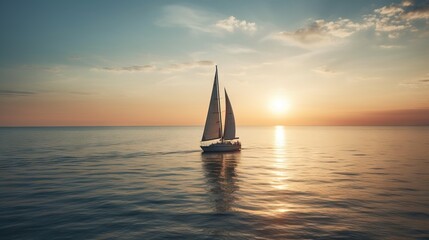  a sailboat is sailing in the ocean at sunset or sunrise or sunset on the water with the sun setting behind it and the horizon.  generative ai