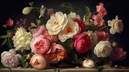 Romantic Bouquet, multi-coloured flowers, soft, vintage, romantic. Generative AI