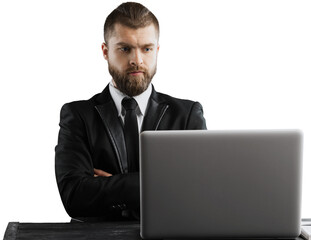 Mature man with white, stylish short beard looking at camera. Casual lifestyle of retired people