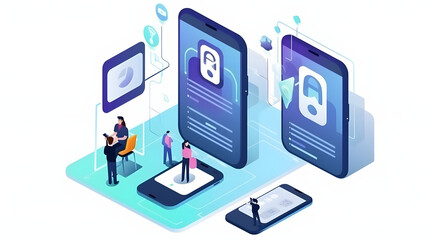 User two-factor authentication technology via mobile phone. Identification human in mobile bank for internet payments or access confidential information. Fintech isometric concept. Digital safety.