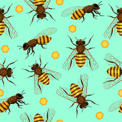 Bee and honeycomb seamless pattern repeat in flat style. Spring green background. Vector illustration