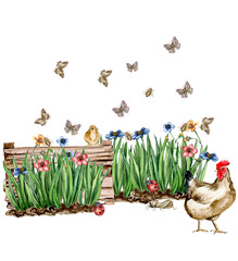 Spring flowers composition with a hen, watercolor illustration for cards, backgrounds,scrapbooking.Cartoon hand drawn background with flower for kids design.Perfect for wedding invitation.