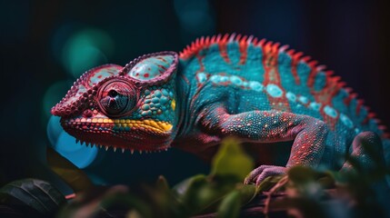 Colorful chameleon isolated on leaves background. Lizard on the green leaves. Generative AI