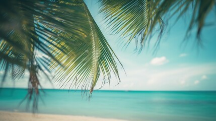 Fototapeta na wymiar Tropical summer seascape with palm leaves, beach and paradise ocean. Vacation and travel backdrop. Generative AI
