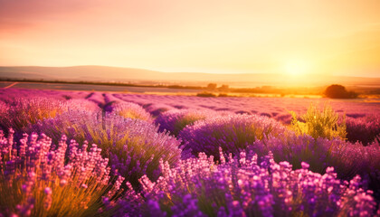 Fototapeta na wymiar Beautiful lavender field at sunset. Generative AI.