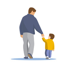 Man and boy walking along the street flat vector illustration 