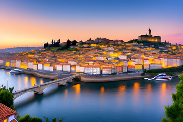 hill with old town of Porto at sunset close up