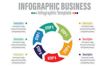 Business infographics. Circle with Six 6 Steps, Six 6 option, Six 6 parts, arrows. Vector template