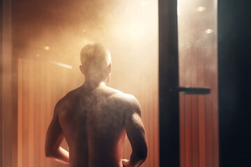Sweating it out: A view of a naked man's back in a steamy sauna - obrazy, fototapety, plakaty