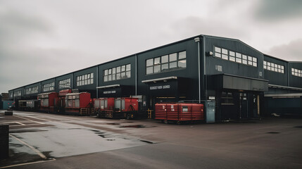 Industrial complex factory buildings for sale in england, in the style of dark gray and red