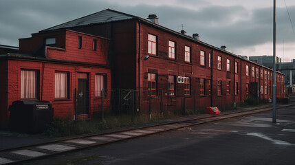 Industrial complex factory buildings for sale in england, in the style of dark gray and red