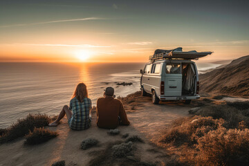 couple looking on sunset, camper van on the beach, holiday, free, generative ai