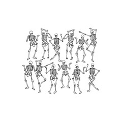 Set of dancing skeleton. Collection of silhouette skeletons in dance. Happy Halloween. Human anatomy. Vector illustration isolated on white background.