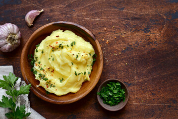 Mashed potato with parmesan cheese . Top view with copy space.