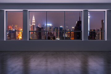 Empty room Interior Skyscrapers View Malaysia. Downtown Kuala Lumpur City Skyline Buildings from High Rise Window. Beautiful Expensive Real Estate overlooking. Night time. 3d rendering. © VideoFlow