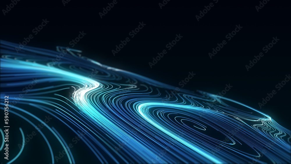 Poster flow of particles. big data visualization. digital technology wave. futuristic cyberspace. abstract 