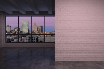 Downtown San Francisco City Skyline Buildings from High Rise Window. Beautiful Expensive Real Estate. Empty room Interior. Mockup wall. Skyscrapers Cityscape. Sunset California. 3d rendering