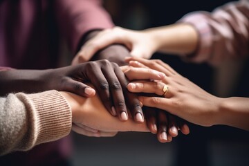 Hands of people of different races and genders holding each other.