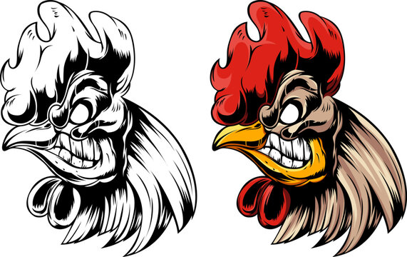 Head of rooster. Cock abstract character illustration. Graphic logo designs template for emblem. Image of portrait for company use.