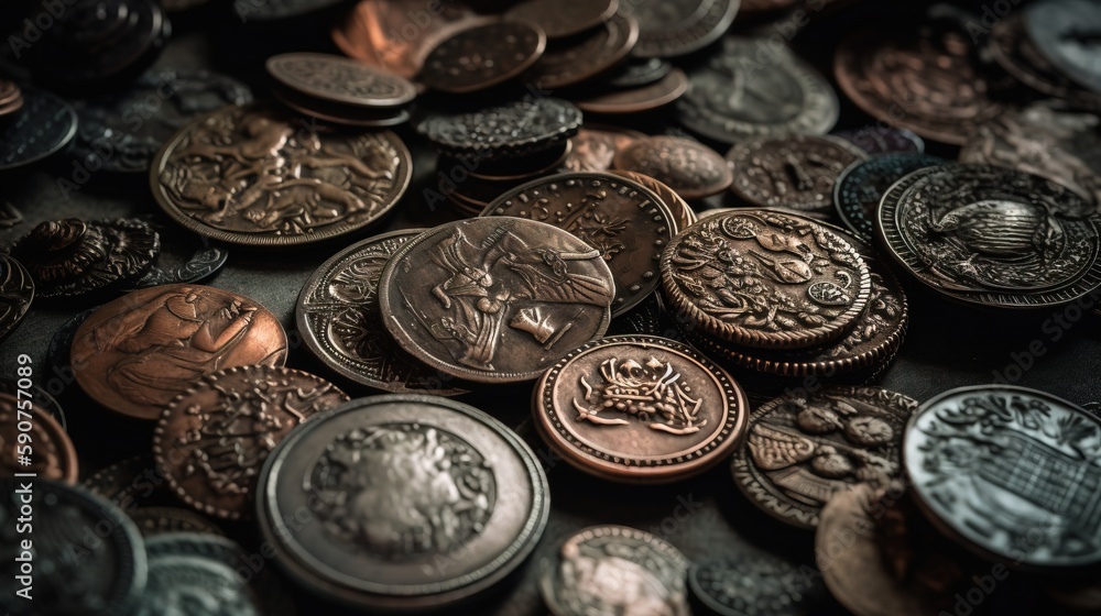 Poster a pile of different types of coins sitting on top of each other in a pile on top of each other in a 