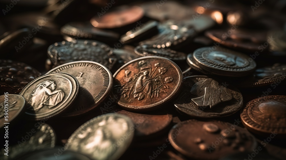Poster a pile of coins sitting on top of a table next to each other on top of a tablecloth covered table to