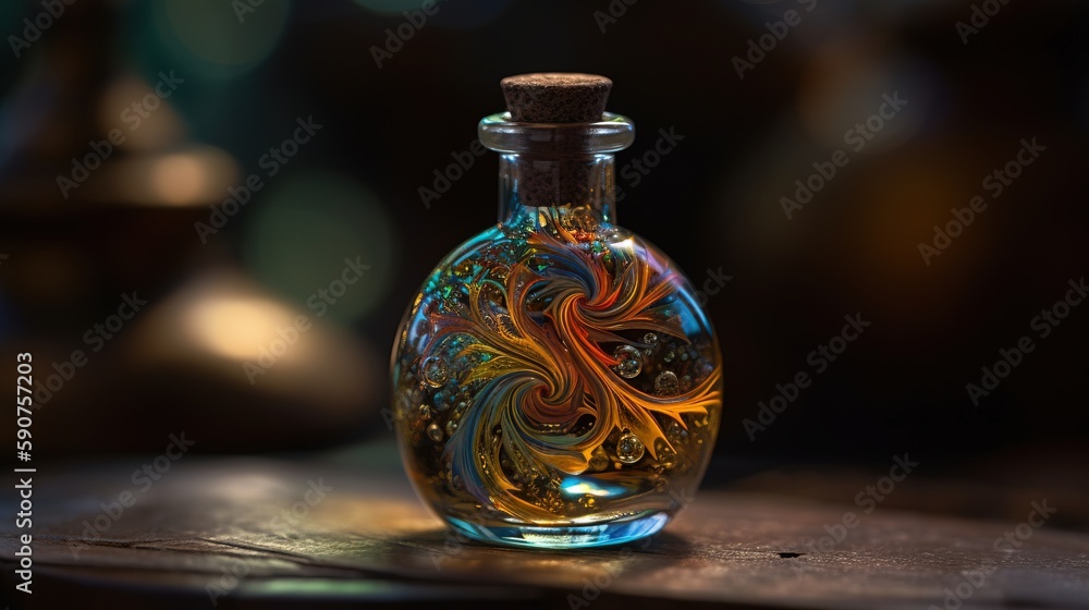 Poster a glass bottle with a colorful swirl inside of it on a wooden table with blurry lights in the backro