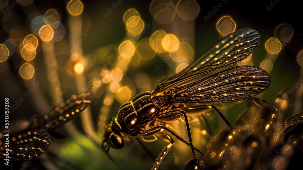 Poster a close up of a fly on a plant with a lot of lights in the backround behind the image and a blurry b