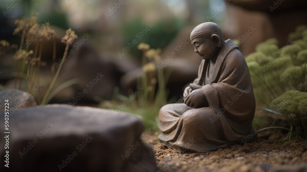 Poster a statue of a person sitting on a rock in a garden with rocks and plants in the background and grass