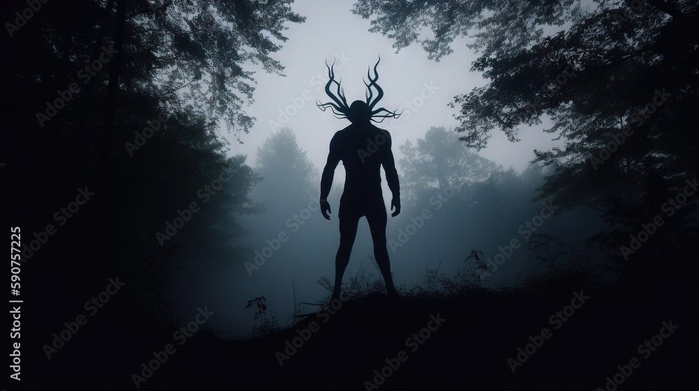 Poster  a silhouette of a man with horns standing in the woods in the fog with trees in the foreground and fog in the background,.  generative ai