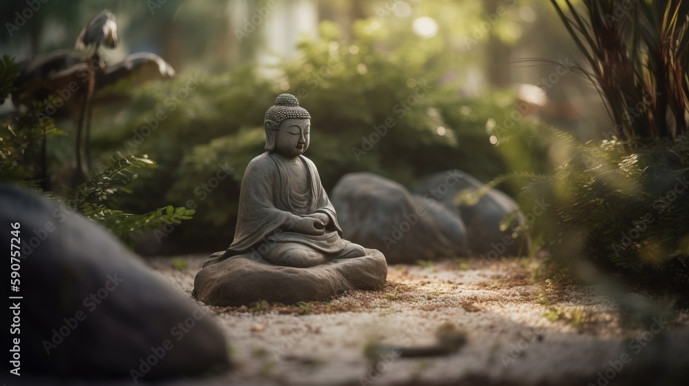 Aufkleber a statue of a buddha sitting on a rock in the middle of a forest with rocks and plants around it and