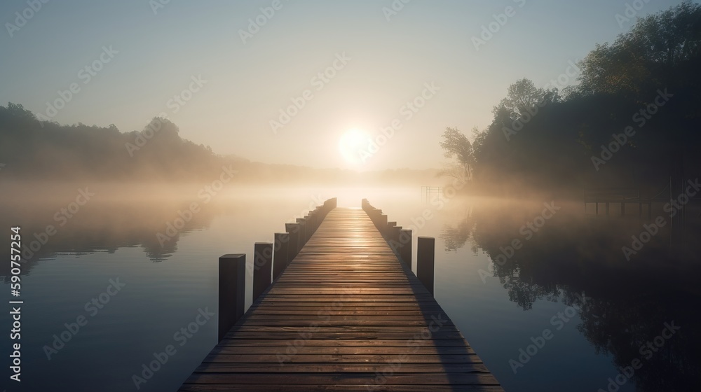 Aufkleber a dock on a lake with the sun setting in the background and fog covering the water and trees in the 