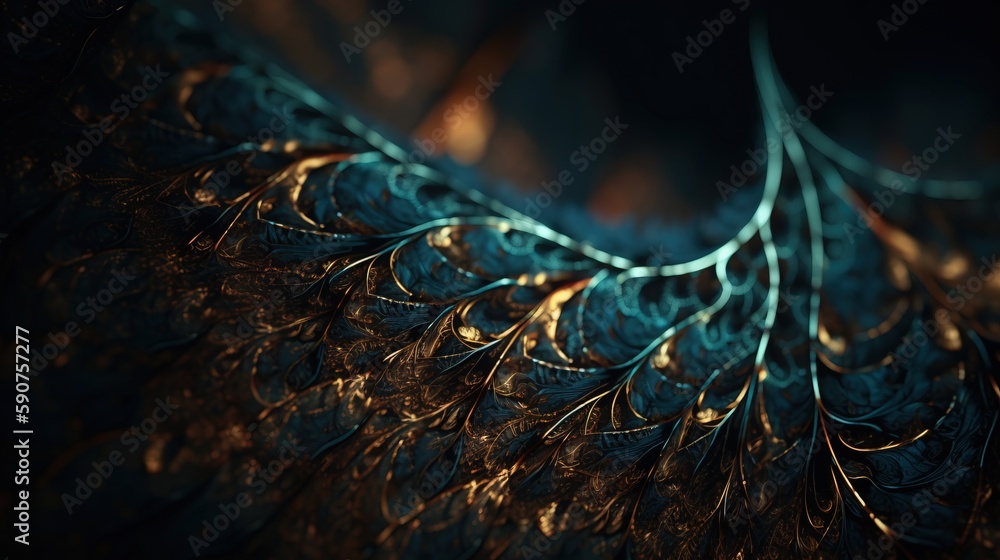 Poster a close up of a blue and gold leaf pattern on a black background with a blurry effect to the left of
