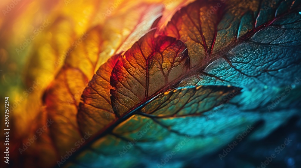 Poster a close up of a colorful leaf with a blurry back drop of light in the middle of the image and the ba