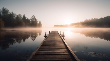 Naklejka na ściany i meble a dock in the middle of a body of water with a foggy sky in the background and trees in the foreground, and a body of water with a dock in the foreground. generative ai