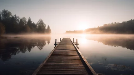 Zelfklevend Fotobehang  a dock in the middle of a body of water with a foggy sky in the background and trees in the foreground, and a body of water with a dock in the foreground.  generative ai © Oleg
