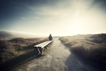 A lonely man sits on a bench near the path. Bright sunny landscape with sky and hills. Generative AI - obrazy, fototapety, plakaty