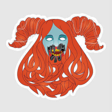 Vector image of a red-haired demon woman with a spidery mouth. This can be used as a sticker, avatar, tattoo, game character, etc.