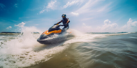Man on water scooter, water sports, vacation, summer and leisure, generated ai