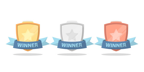 Set of Gold silver and bronze competition medal badge winners in flat illustration