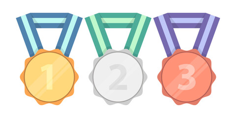 Set of Gold silver bronze medals with ribbon in flat illustration